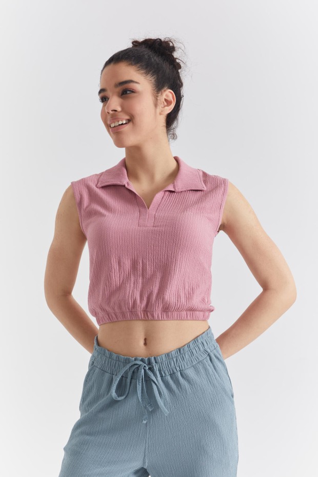 Gül Kurusu Polo Yaka Beli Lastikli Bürümcük Kumaş Kadın Crop Top T-Shirt - 97223