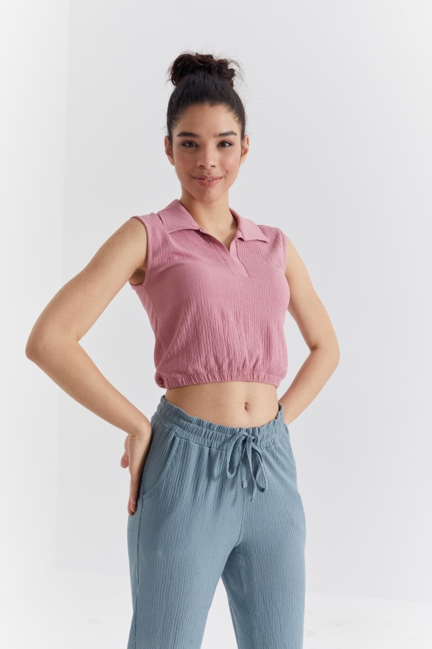 Gül Kurusu Polo Yaka Beli Lastikli Bürümcük Kumaş Kadın Crop Top T-Shirt - 97223