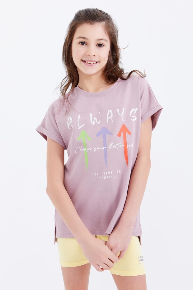 Gül Kurusu Renkli Yazı Baskılı O Yaka Düşük Omuz Kız Çocuk T-Shirt - 75026