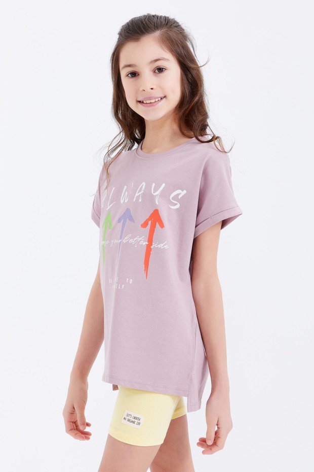Gül Kurusu Renkli Yazı Baskılı O Yaka Düşük Omuz Kız Çocuk T-Shirt - 75026