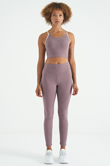 Gül Kurusu Sırt Çapraz Detaylı Logo Baskılı Dar Kalıp Fitilli Kadın Büstiyer - 97274 - TOMMYLIFE (1)