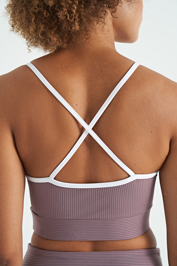 Gül Kurusu Sırt Çapraz Detaylı Logo Baskılı Dar Kalıp Fitilli Kadın Büstiyer - 97274 - 6