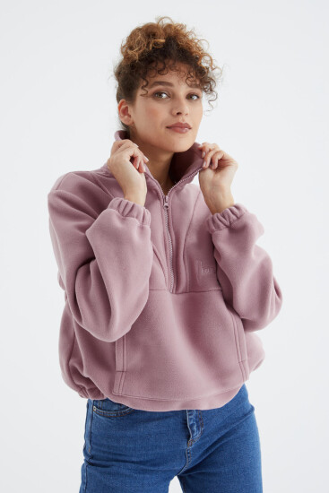 Gül Kurusu Yarım Fermuar Etek Ucu Büzgülü Kadın Polar Oversize Sweatshirt - 97171 