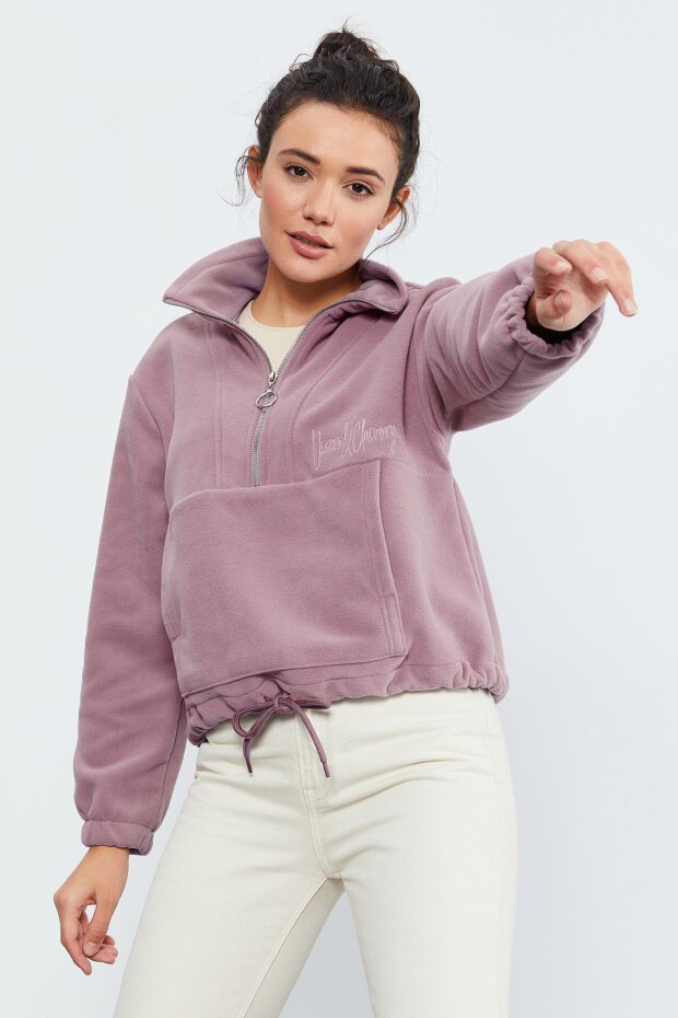 Gül Kurusu Yarım Fermuar Etek Ucu Büzgülü Kadın Polar Oversize Sweatshirt - 97171 - 5