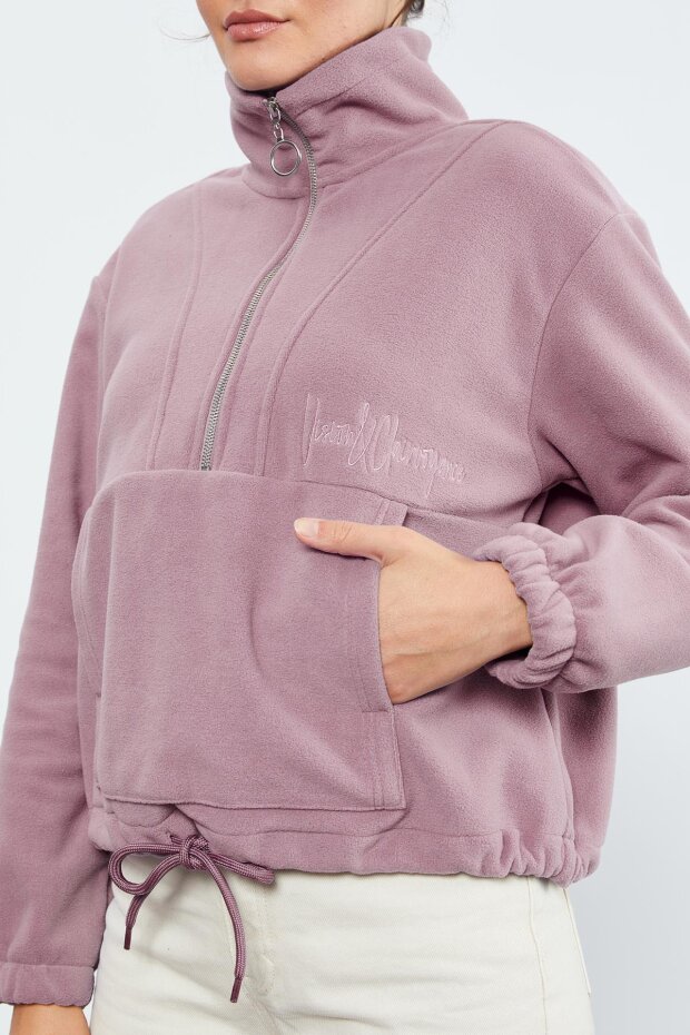 Gül Kurusu Yarım Fermuar Etek Ucu Büzgülü Kadın Polar Oversize Sweatshirt - 97171 - 7