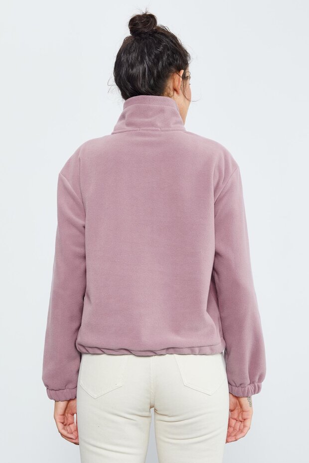 Gül Kurusu Yarım Fermuar Etek Ucu Büzgülü Kadın Polar Oversize Sweatshirt - 97171 - 6