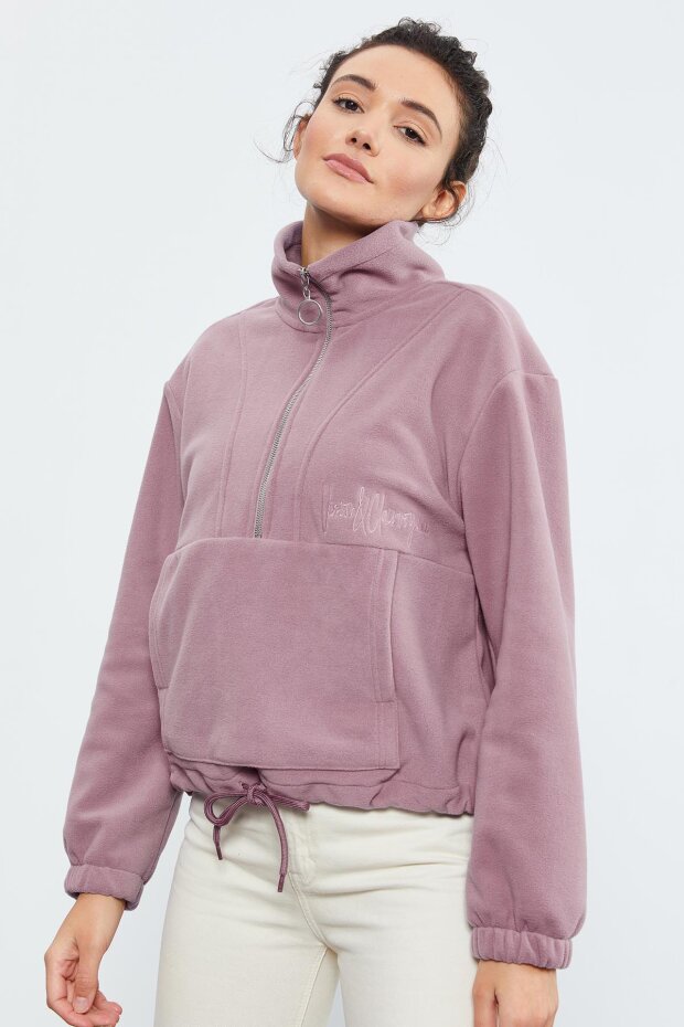 Gül Kurusu Yarım Fermuar Etek Ucu Büzgülü Kadın Polar Oversize Sweatshirt - 97171 - 3