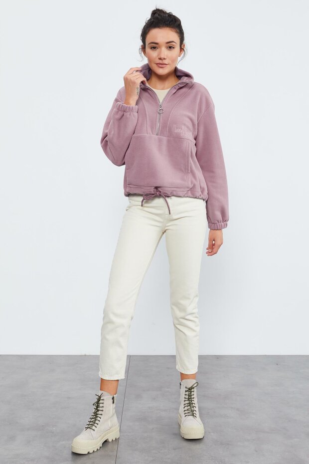 Gül Kurusu Yarım Fermuar Etek Ucu Büzgülü Kadın Polar Oversize Sweatshirt - 97171 - 2