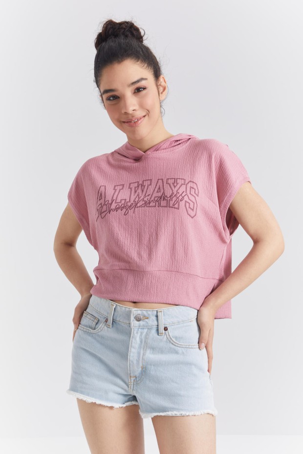 Gül Kurusu Yazı Baskılı Kapüşonlu Oversize Bürümcük Kumaş Kadın Crop Top T-Shirt - 97229