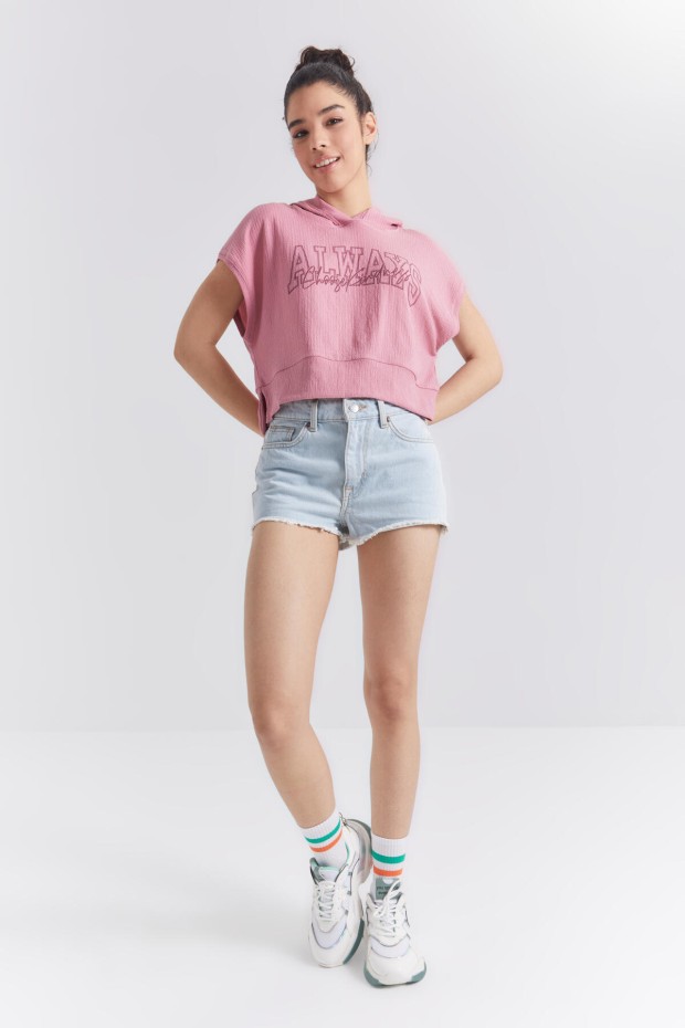 Gül Kurusu Yazı Baskılı Kapüşonlu Oversize Bürümcük Kumaş Kadın Crop Top T-Shirt - 97229