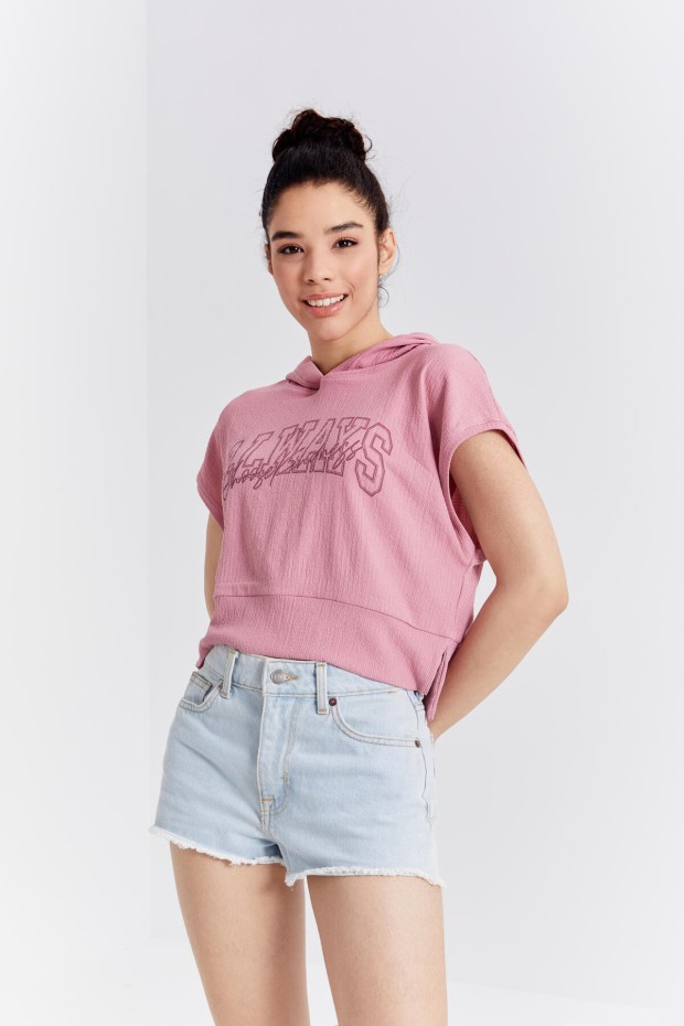 Gül Kurusu Yazı Baskılı Kapüşonlu Oversize Bürümcük Kumaş Kadın Crop Top T-Shirt - 97229