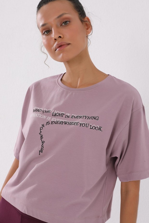 Gül Kurusu Yazı Baskılı Kısa O Yaka Kadın Oversize T-Shirt - 97135