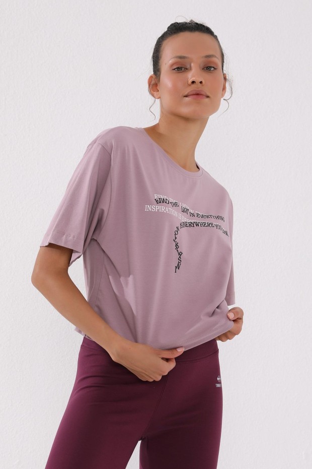 Gül Kurusu Yazı Baskılı Kısa O Yaka Kadın Oversize T-Shirt - 97135