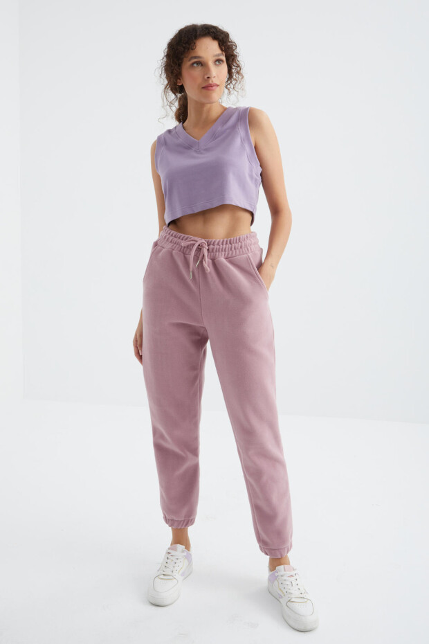 Gül Kurusu Yüksek Bel Basic Bağcıklı Jogger Polar Kadın Eşofman Alt - 94622 - 3