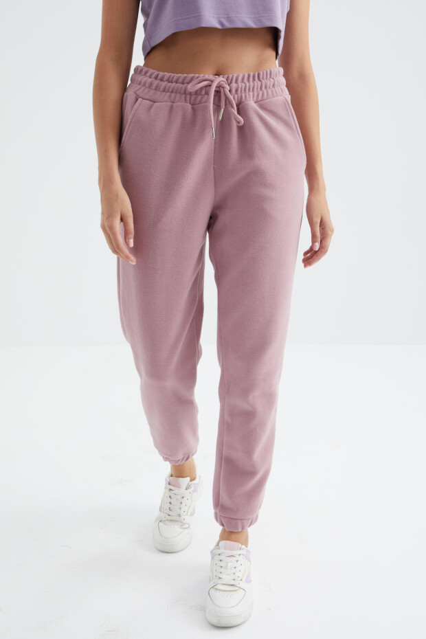 Gül Kurusu Yüksek Bel Basic Bağcıklı Jogger Polar Kadın Eşofman Alt - 94622 - 4