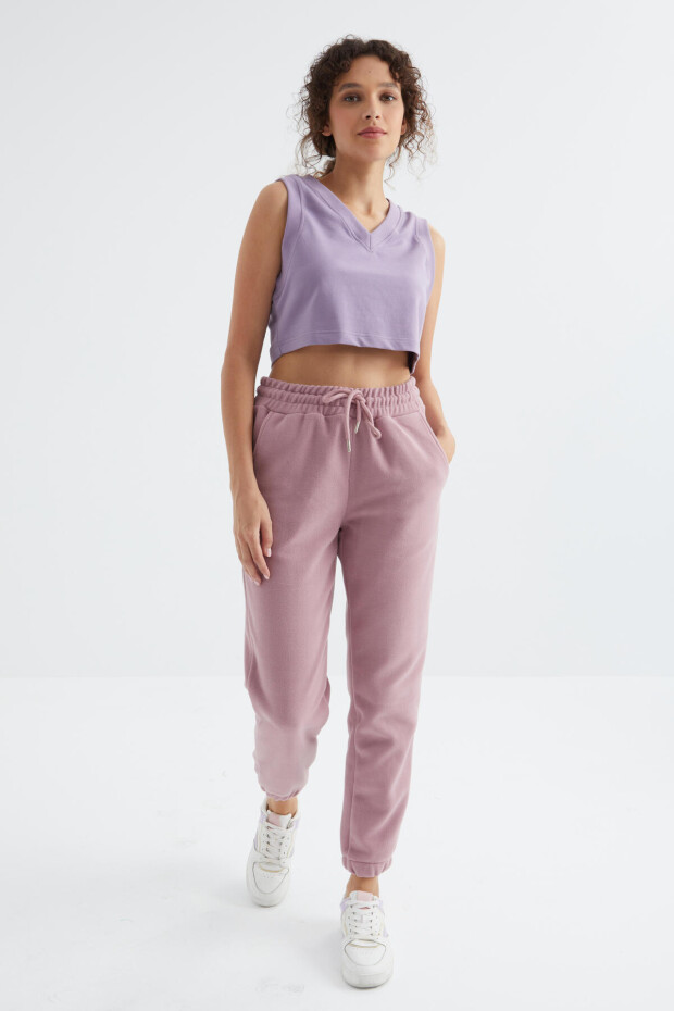 Gül Kurusu Yüksek Bel Basic Bağcıklı Jogger Polar Kadın Eşofman Alt - 94622 - 5