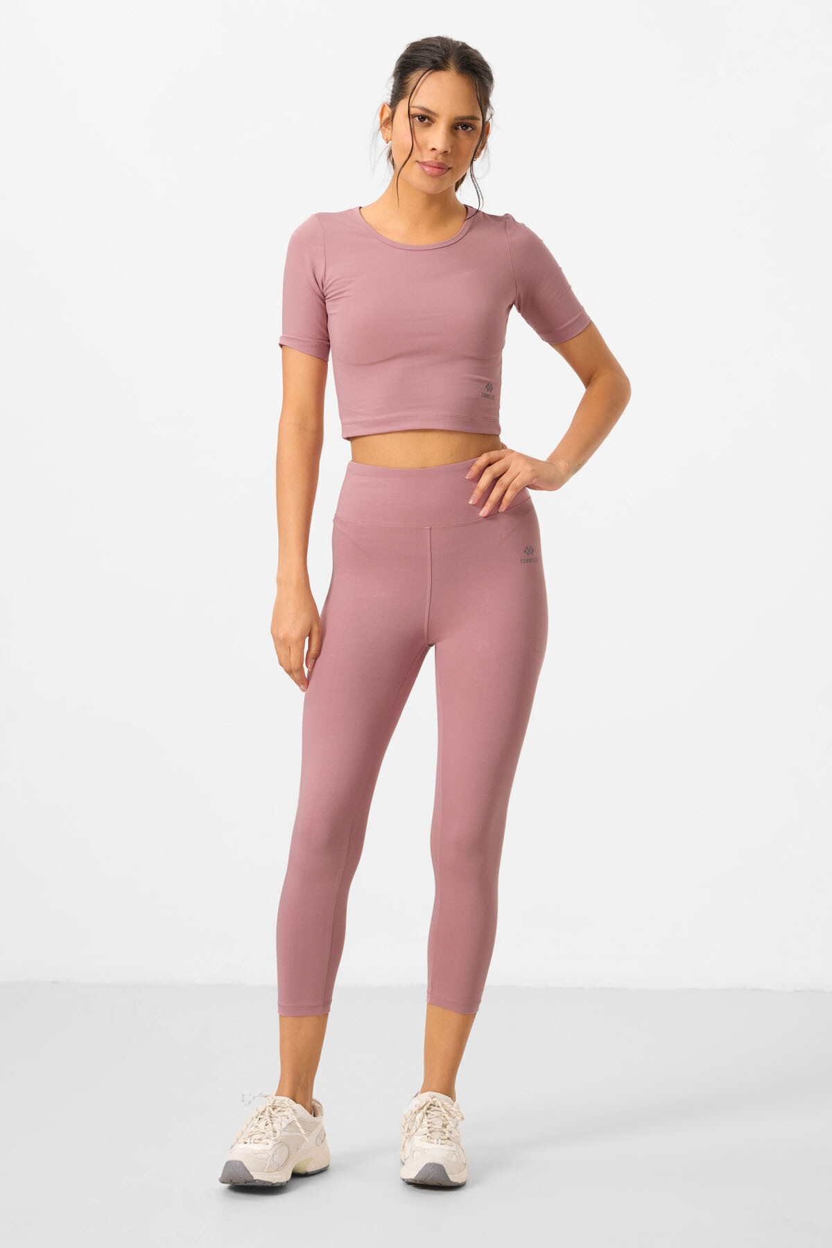 Gül Kurusu Yüksek Bel Kapri-Crop T-Shirt Slim Fit Kadın Tayt Takım - 95285 - TOMMYLIFE