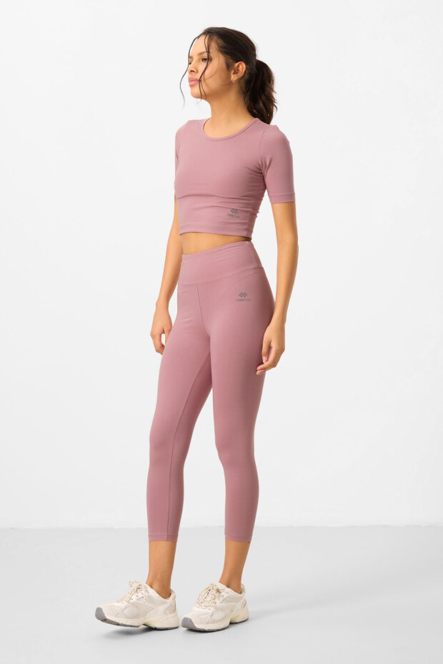 Gül Kurusu Yüksek Bel Kapri-Crop T-Shirt Slim Fit Kadın Tayt Takım - 95285 - 3