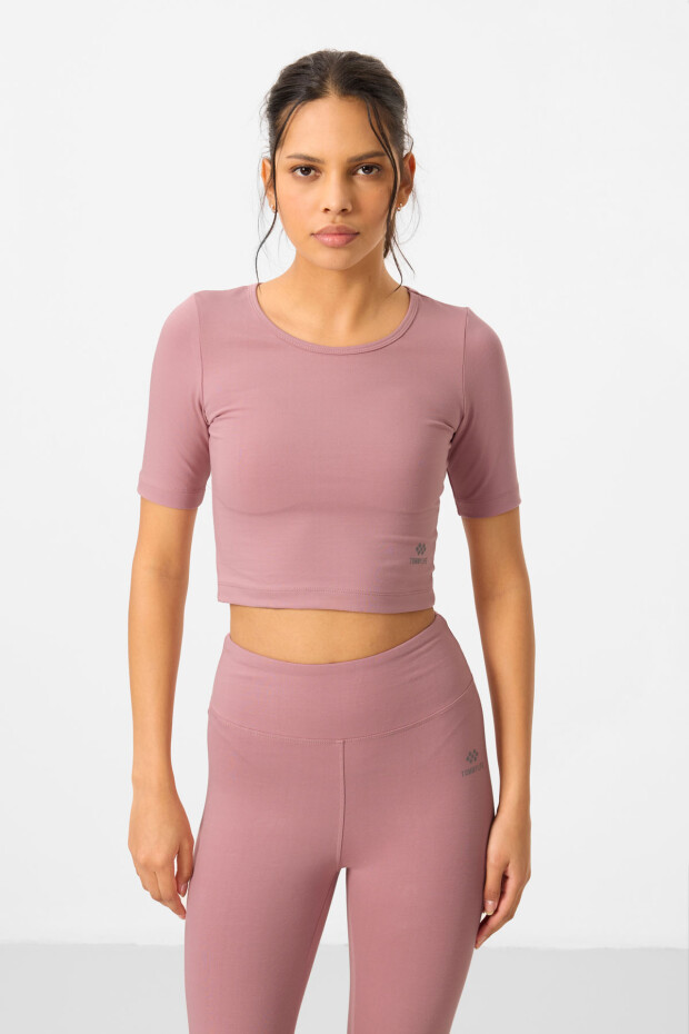 Gül Kurusu Yüksek Bel Kapri-Crop T-Shirt Slim Fit Kadın Tayt Takım - 95285 - 5