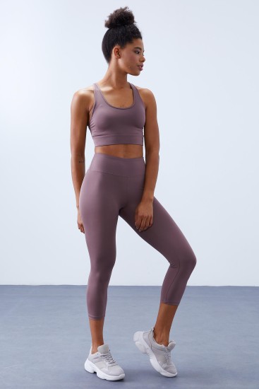 Gül Kurusu Yüksek Bel Toparlayıcı Çapraz Sırt Detaylı Slim Fit Kadın Tayt Takım - 95283 