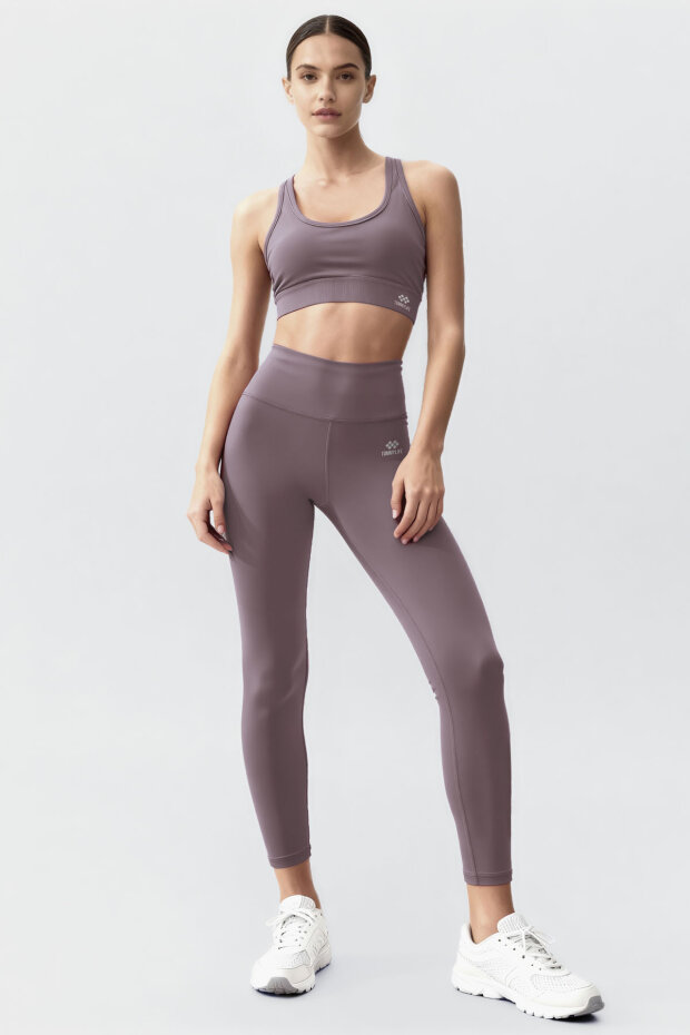 Gül Kurusu Yüksek Bel Toparlayıcı Çapraz Sırt Detaylı Slim Fit Kadın Tayt Takım - 95283 - 1