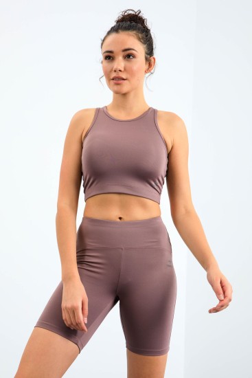 Gül Kurusu Yüksek Bel Toparlayıcı Dar Kalıp Crop Biker Kadın Tayt Takım - 95302 