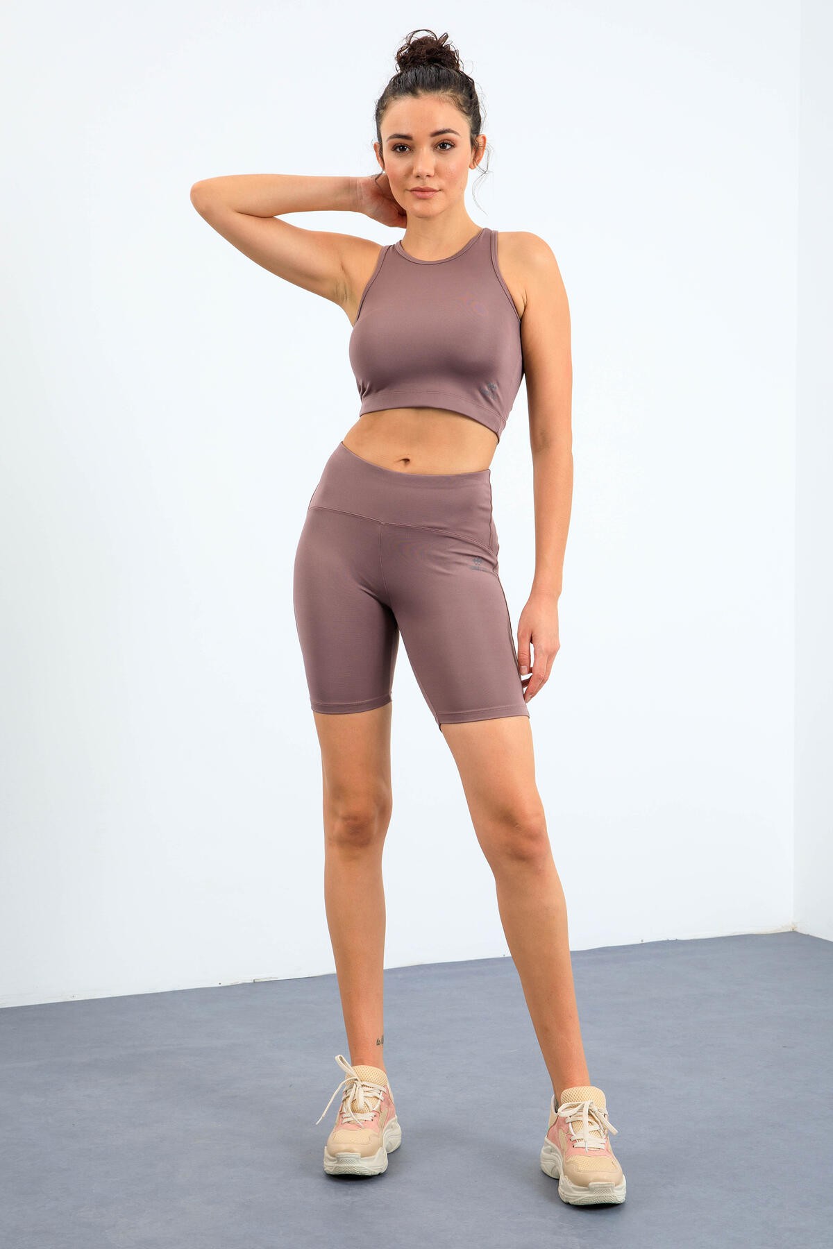 Gül Kurusu Yüksek Bel Toparlayıcı Dar Kalıp Crop Biker Kadın Tayt Takım - 95302 - TOMMYLIFE (1)