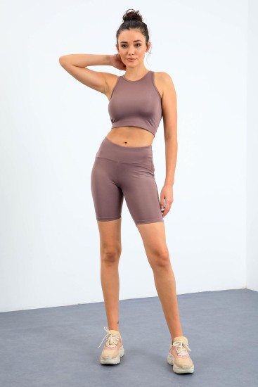 Gül Kurusu Yüksek Bel Toparlayıcı Dar Kalıp Crop Biker Kadın Tayt Takım - 95302 - TOMMYLIFE (1)