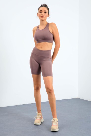 Gül Kurusu Yüksek Bel Toparlayıcı Slim Fit Büstiyer Biker Kadın Tayt Takım - 95303 - TOMMYLIFE (1)