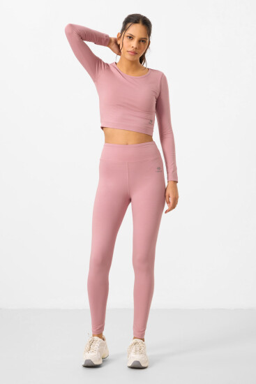 Gül Kurusu Yüksek Bel Uzun Kollu Slim Fit Crop Top Kadın Tayt Takım - 95286 