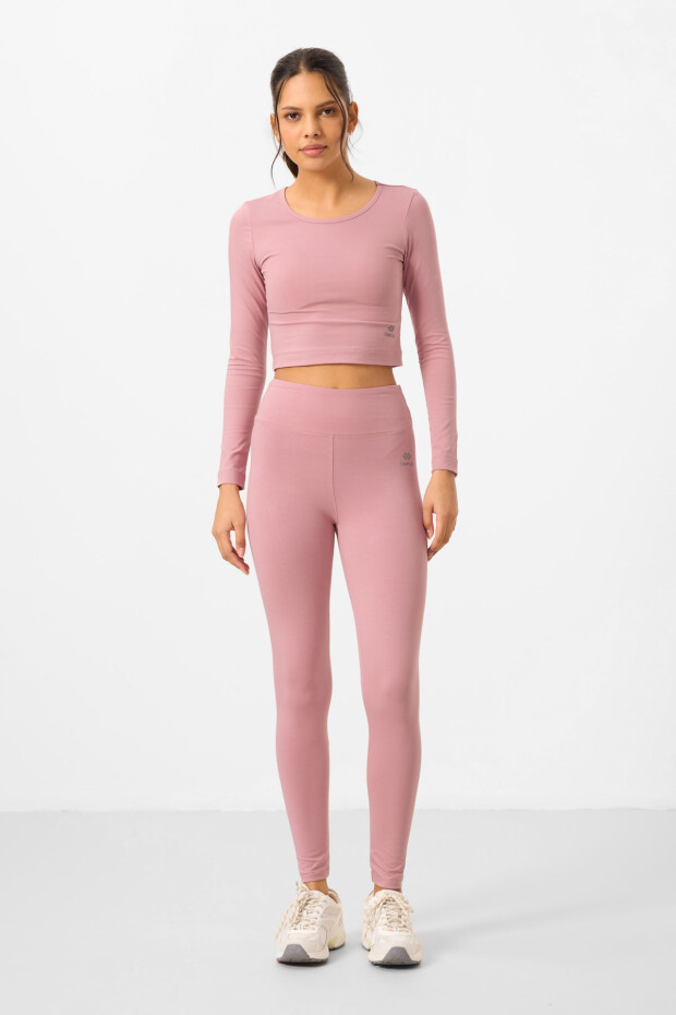 Gül Kurusu Yüksek Bel Uzun Kollu Slim Fit Crop Top Kadın Tayt Takım - 95286 - 3