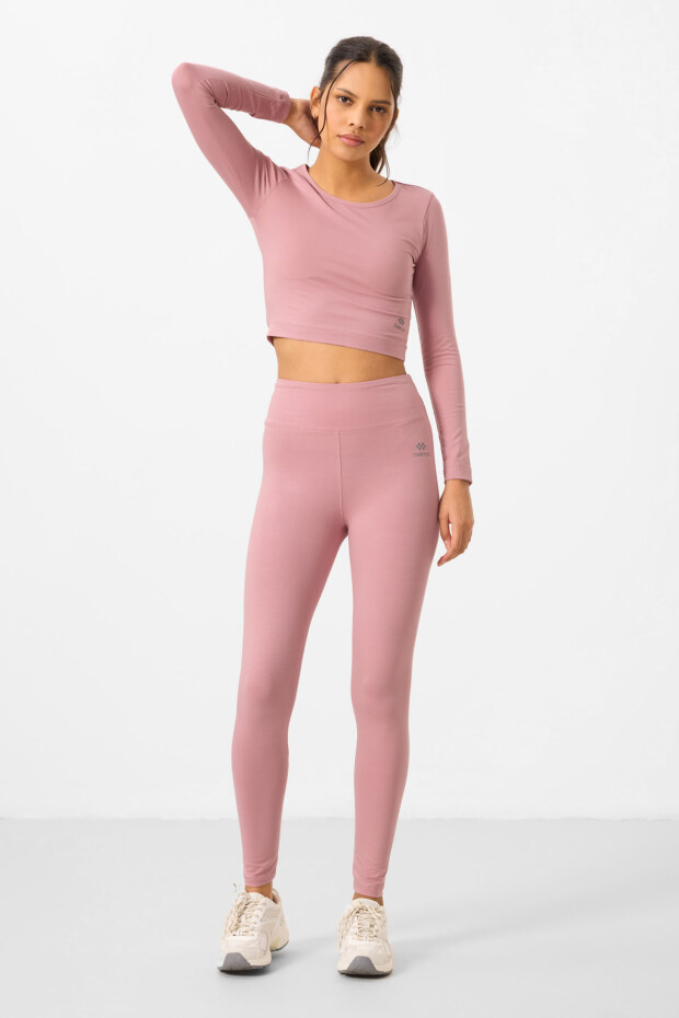 Gül Kurusu Yüksek Bel Uzun Kollu Slim Fit Crop Top Kadın Tayt Takım - 95286 - 1