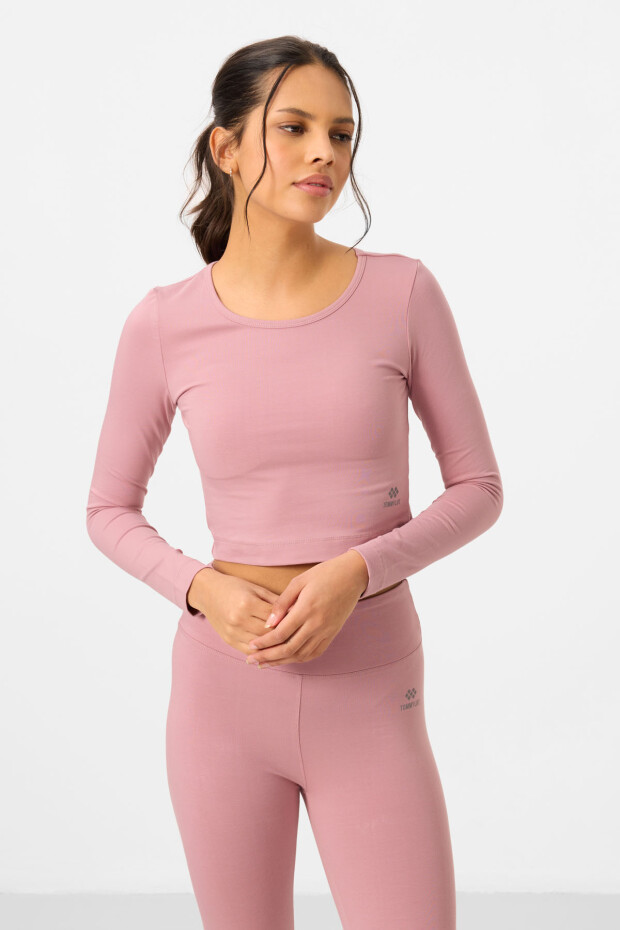 Gül Kurusu Yüksek Bel Uzun Kollu Slim Fit Crop Top Kadın Tayt Takım - 95286 - 5