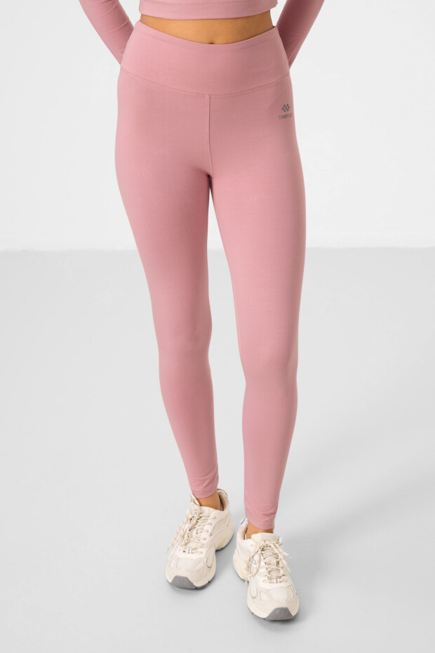 Gül Kurusu Yüksek Bel Uzun Kollu Slim Fit Crop Top Kadın Tayt Takım - 95286 - 6