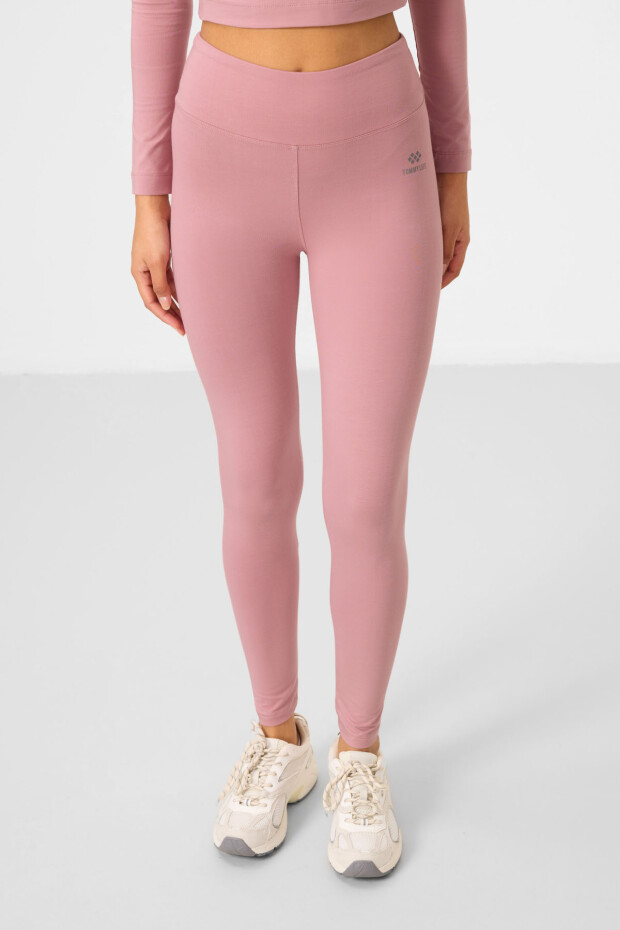 Gül Kurusu Yüksek Bel Uzun Kollu Slim Fit Crop Top Kadın Tayt Takım - 95286 - 4