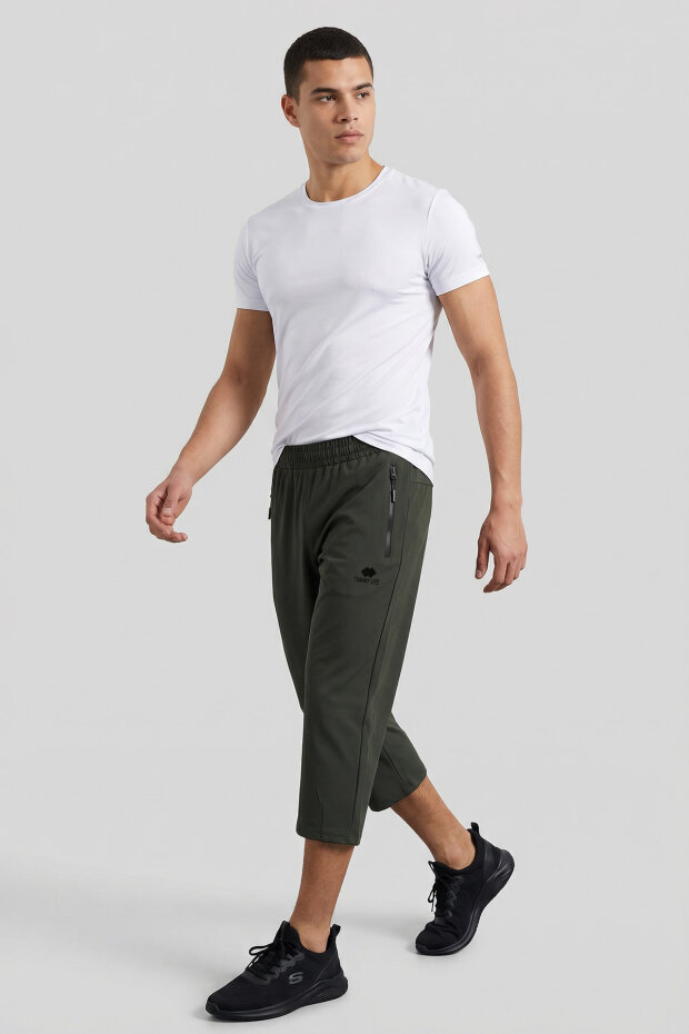 Haki Bağcıklı Standart Kalıp Fermuar Cepli Aktif Spor Erkek Kapri - 83096 - 1