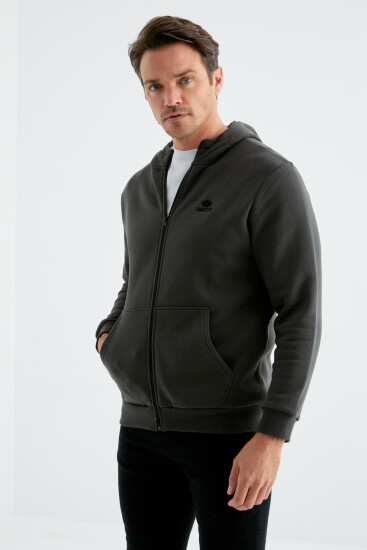 Haki Basic Kapüşonlu Rahat Form Nakış Detaylı Fermuarlı Erkek Sweatshirt - 88035 