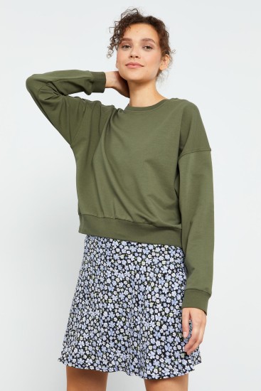 Haki Basic Rahat Form O Yaka Kadın Sweatshirt - 97114 