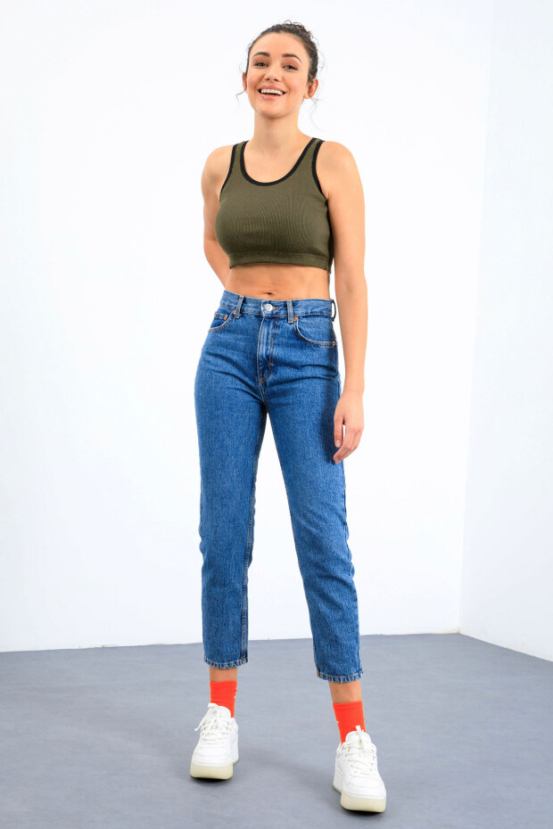 Haki Basic Sıfır Kol Dar Kalıp U Yaka Kadın Crop Top Atlet - 97160 - 2