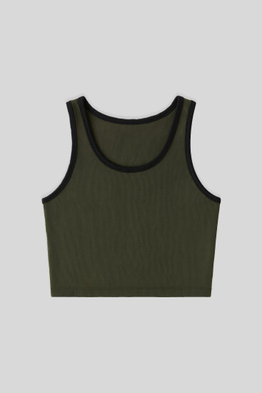Haki Basic Sıfır Kol Dar Kalıp U Yaka Kadın Crop Top Atlet - 97162 
