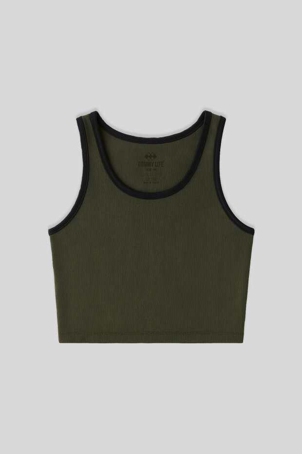 Haki Basic Sıfır Kol Dar Kalıp U Yaka Kadın Crop Top Atlet - 97162 - 2