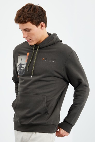 Haki Desen Baskılı Kapüşonlu Rahat Form Erkek Sweatshirt - 88015 