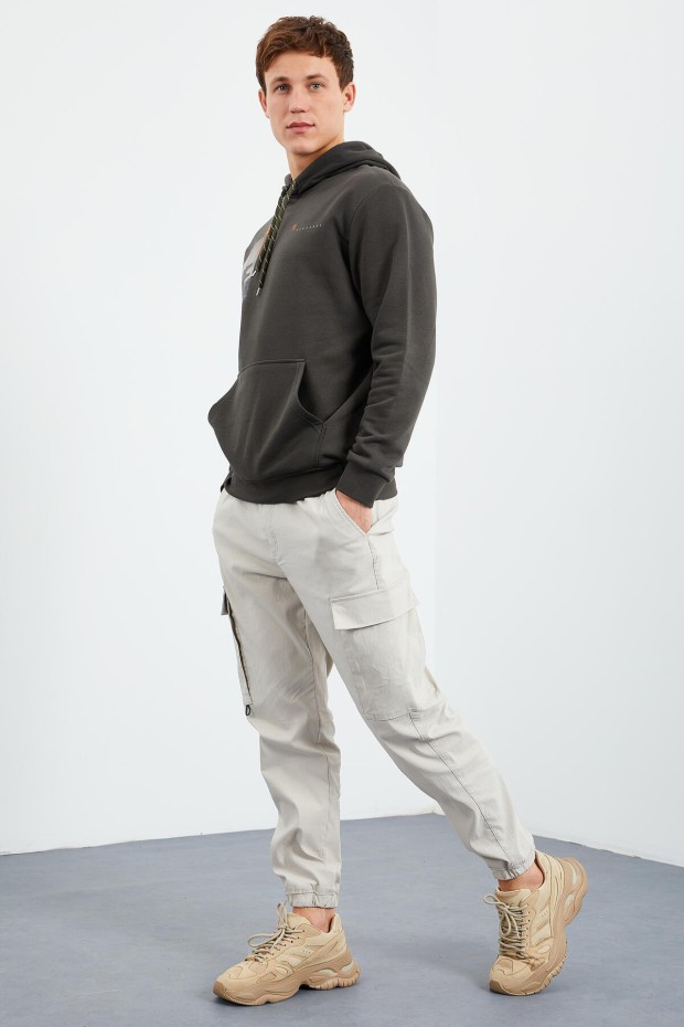 Haki Desen Baskılı Kapüşonlu Rahat Form Erkek Sweatshirt - 88015