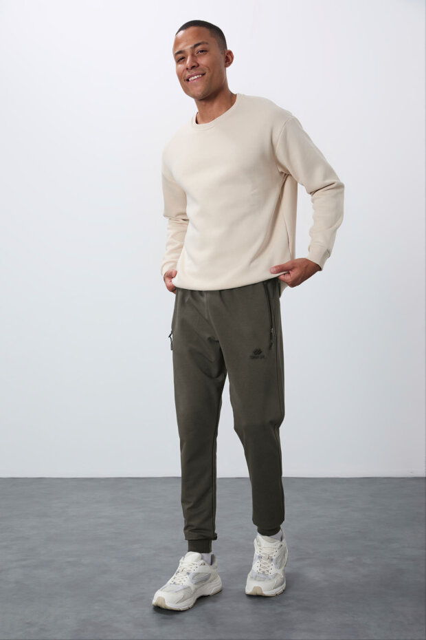 Haki Fermuar Cepli Standart Kalıp Jogger Erkek Eşofman Alt - 84651 - 2