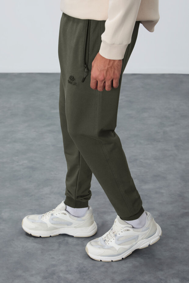 Haki Fermuar Cepli Standart Kalıp Jogger Erkek Eşofman Alt - 84651 - 3