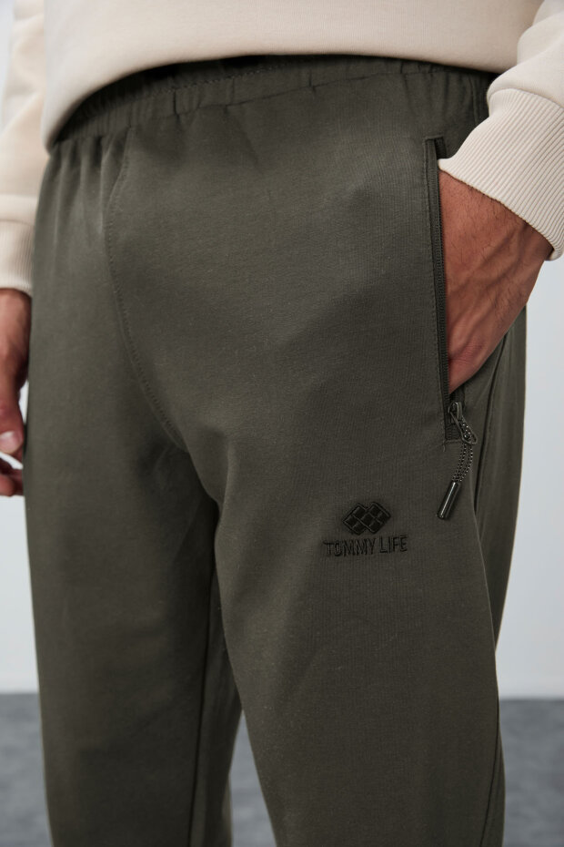 Haki Fermuar Cepli Standart Kalıp Jogger Erkek Eşofman Alt - 84651 - 4