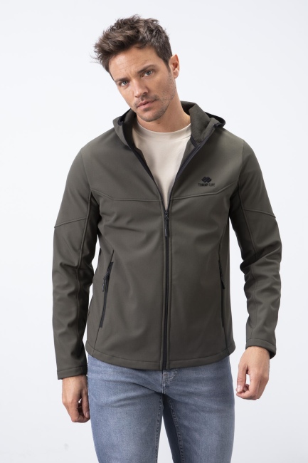 Haki Fermuarlı Kapüşonlu Su ve Rüzgar Geçirmez Softshell Erkek Mont - 88051 