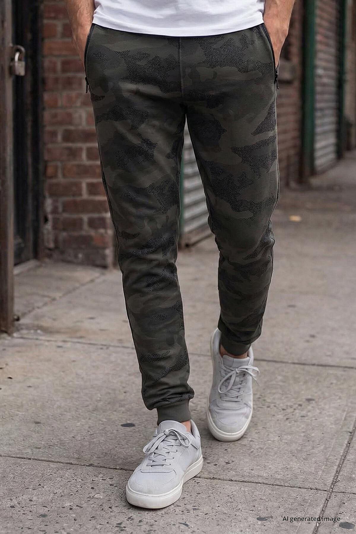 Haki Kamuflaj Desenli Dar Kalıp Jogger Erkek Eşofman Alt - 84754 - TOMMYLIFE (1)