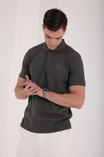 Haki Klasik Black Yazı Nakışlı Standart Kalıp Polo Yaka Erkek T-Shirt - 87760 