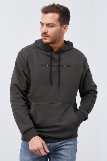 Haki Kol Baskılı Kapüşonlu Rahat Form Erkek Sweatshirt - 88038 